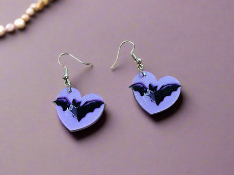 Purple Bat Heart Earrings