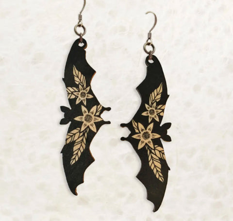 Fruit Bat Pomegranate Earrings on Real Wood Veneer